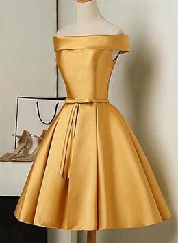 Picture of Cute Satin Knee Length Off Shoulder Homecoming Dresses, Prom Dresses